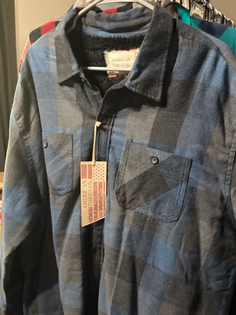 American Threads Blue and Black Plaid Sherpa-Lined Shirt Jacket